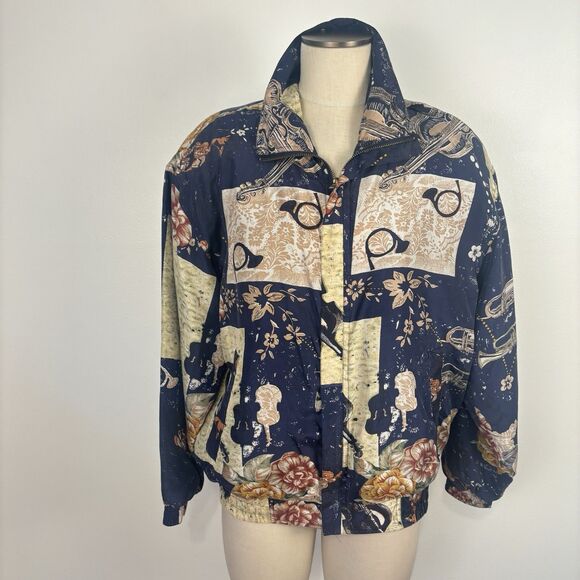 Vintage Jackets & Blazers - VTG 80s 90s Kim Rogers Sport 100% Silk Musical Instruments Print Bomber Jacket M